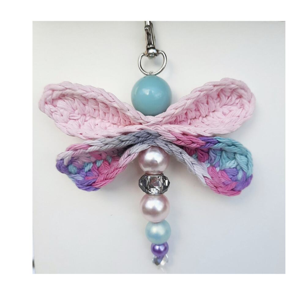 Crochet Dragonfly Bag Charm Beaded Purse Keychain Handmade Pink Pastel Whimsical